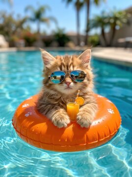 Cool cat floats in pool with sunglasses and drink