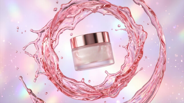 Skincare product in pink water splash motion