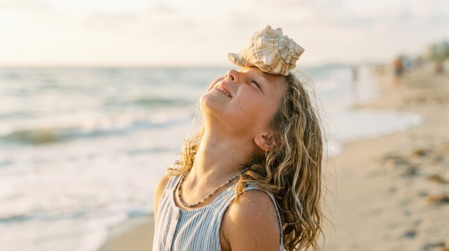 Joyful girl with seashell on head at beach during golden hour