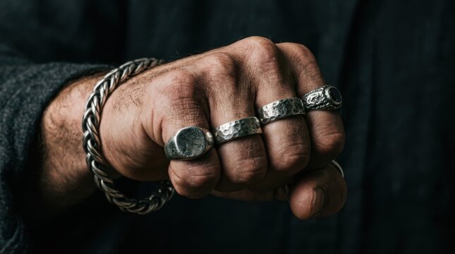 Man's Hand With Silver Rings And Bracelet