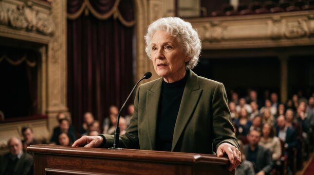 Senior Woman Speaking at Podium in Auditorium