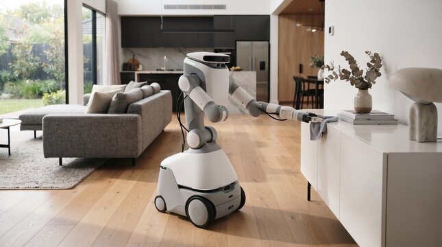 Modern domestic service robot assisting with household tasks in contemporary home