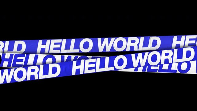 Blue and white Hello World ribbon banners scrolling diagonally on a transparent background, seamless loop with alpha channel for greeting and welcome design projects