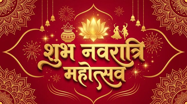 Navratri kalash puja background. Happy Navratri mahotsav text with puja kalash.