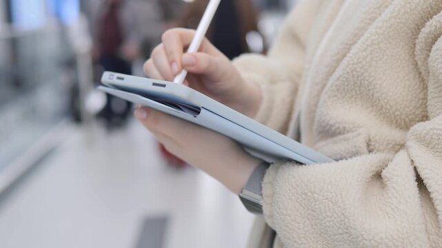 Close-up of hand holding tablet and stylus. Person wears fluffy beige coat. Background shows blurred people walking. Focus remains on digital writing action. Urban environment with soft lighting