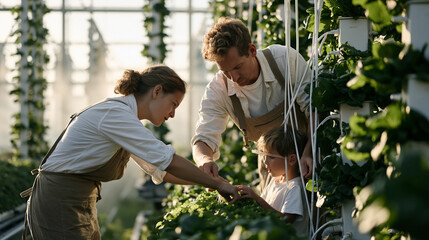 Naklejka premium Hydroponic farming family moving through misty greenhouse rows at dawn, parents adjusting nutrient tubing while a child examines seedling roots, early morning vapor softening the