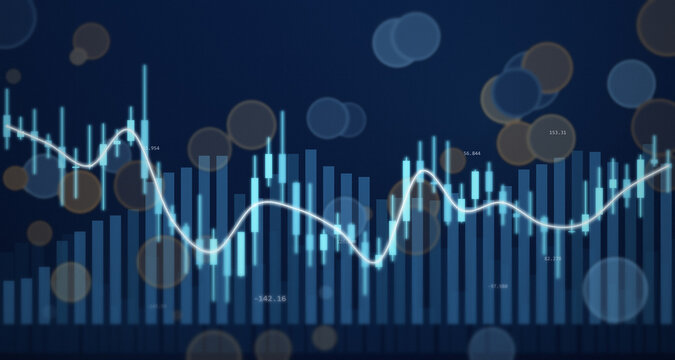 Financial candlestick chart with city light bokeh and depth of field on dark blue background