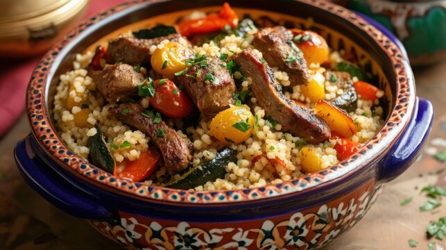 Hearty lamb couscous bowl with roasted vegetables served in traditional decorative ceramic dish with vegetables inside colorful garnished fresh herbs presents close view