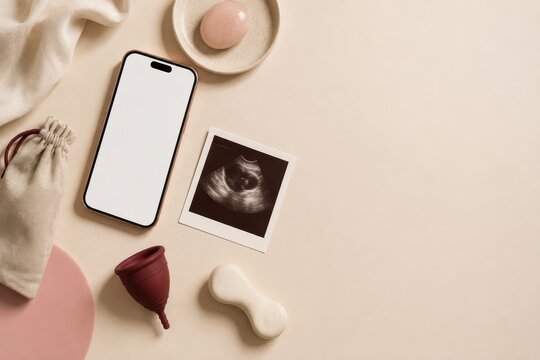 Femtech Wellness Flat Lay with Blank Smartphone and Health Objects