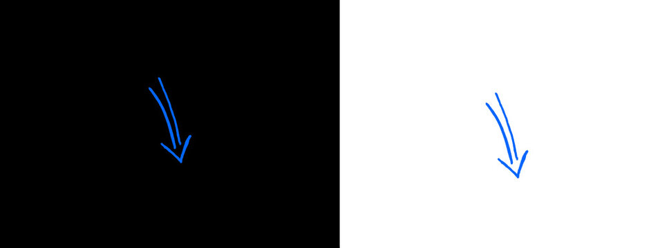 Blue hand-drawn double curved downward arrow on black and white background, isolated graphic element