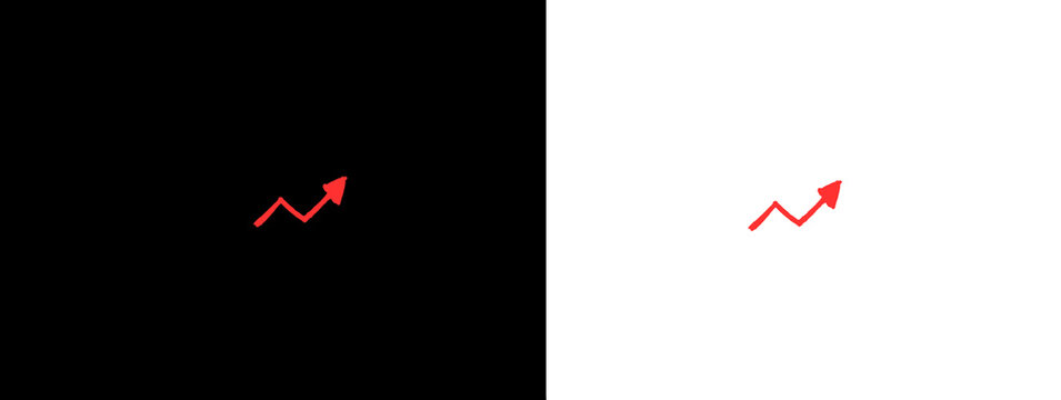 Red hand-drawn small zigzag upward arrow on black and white background, isolated graphic element