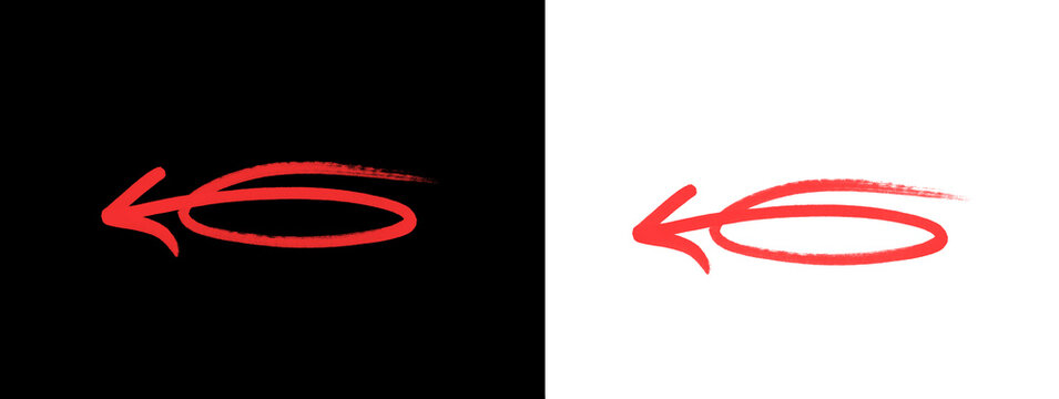 Red hand-drawn double curved horizontal arrow pointing left on black and white background, isolated graphic element