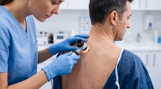 dermatologist skin examination man patient clinic dermoscopy back healthcare screening checks skin on a mans upper back with a handheld dermoscope for dermatology branding and screening websites