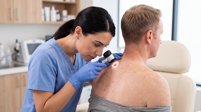 dermatologist skin examination man patient clinic dermoscopy back healthcare screening uses a dermoscope to examine a mans upper back and shoulder for dermatology branding and screening websites