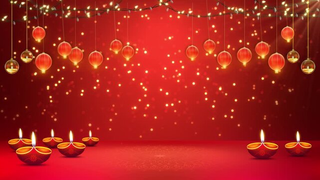 Warm crimson festival backdrop decorative lanterns, lamps, sparkling particles, open space. family wishes, festive promotions, devotional cultural cards, holiday marketing, celebratory presentations.