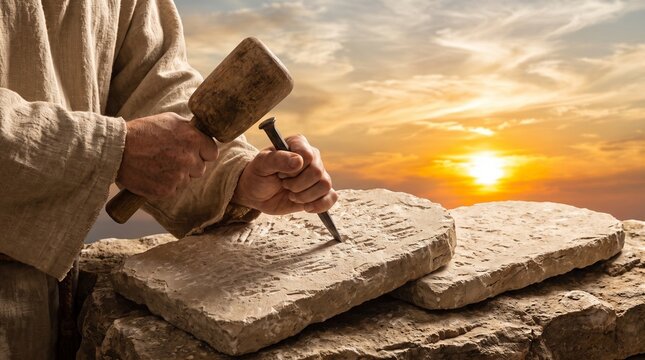 Hands engrave the Ten Commandments into two stone tablets using a chisel and wooden mallet at golden sunset.