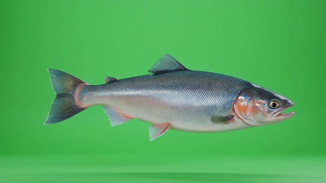 Salmon swimming in a green screen environment with a focus on its scales and fins during a smooth camera pan