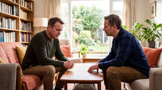 men friends conversation support home sadness listening empathy comfort trust Mature companion leans forward to hear a worried adult during a talk representing openness understanding and personal care