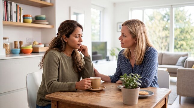 women friends conversation support kitchen coffee listening empathy worry comfort Companion listens across a table as an adult shares a struggle showing trust connection and everyday emotional care
