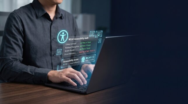 WCAG accessibility audit dashboard on laptop with holographic compliance testing, evaluating color contrast, keyboard navigation, screen readers and focus indicators with clean copy space