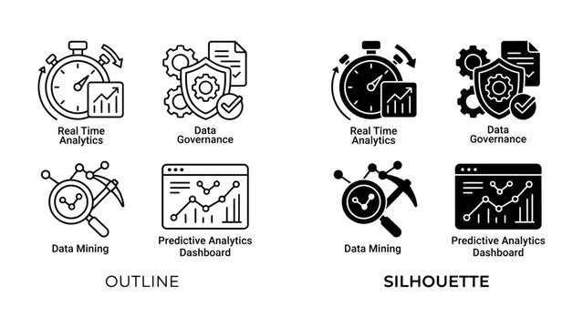 Data Analytics Icons: A collection of stylized icons representing key aspects of data analytics, including real-time analytics, data governance, data mining, and predictive analytics dashboards.