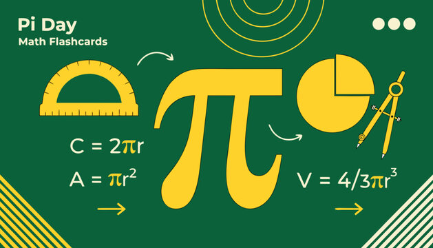 Pi Day Education Poster with Mathematical Symbol, Geometric Tools, Circle Formulas and Infographic Elements for Classroom Learning.