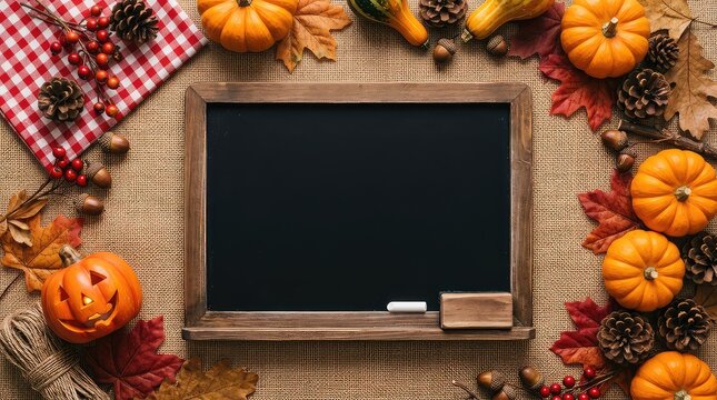 Blank chalkboard with autumn pumpkins. Fall harvest background with copy space for text.