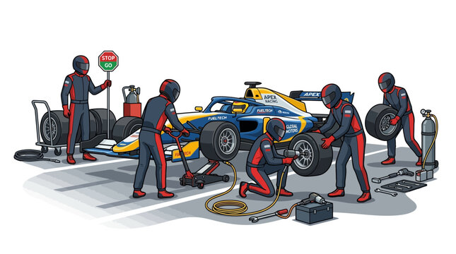 Pit crew team performing a fast tire change on a formula race car.