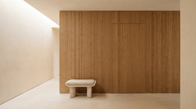 Minimalist entryway with hidden door and fluted oak wall