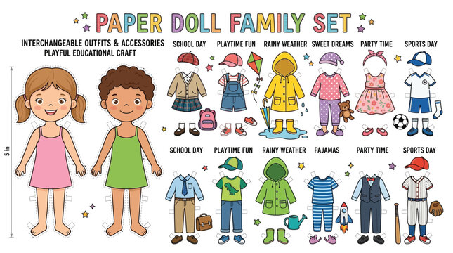 Printable paper doll family set with interchangeable outfits and accessories for children creative play.