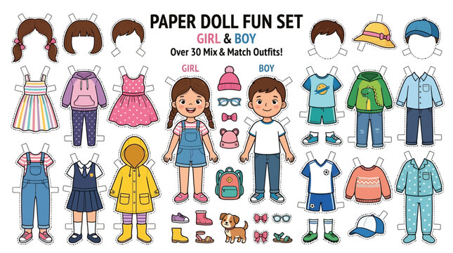 Printable paper doll set for kids with boy and girl characters and various outfits.