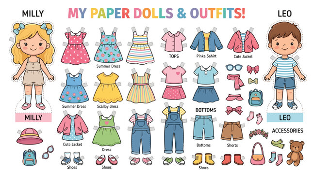 Cute paper dolls set with various colorful clothing outfits and accessories for kids.