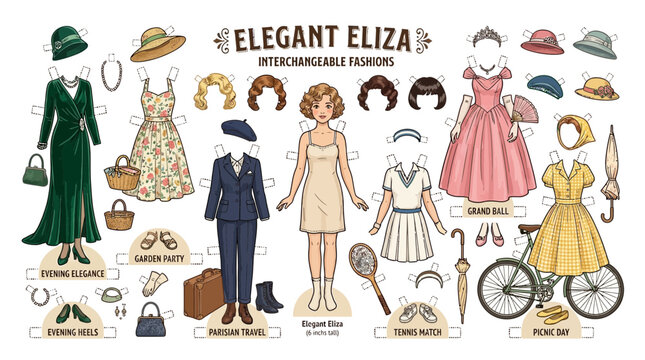 Vintage paper doll set with interchangeable fashionable outfits and accessories for creative play.