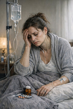 A woman lying in a hospital bed, receiving medical treatment. She appears ill and distressed.