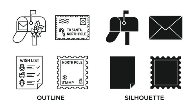 Mail Icons Collection: A curated set of outline and silhouette icons depicting essential elements of mail and postal services, including mailboxes, envelopes, stamps, and wish lists.