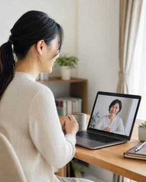 Japanese Woman Attending Telehealth Counseling Session at Home,自宅でオンラインカウンセリングを受ける日本人女性