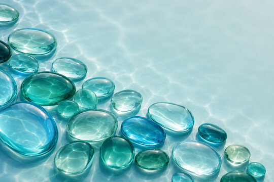 Teal Glass Pebbles with Water Caustics Abstract Background,水面の光が揺れる青緑ガラス小石の抽象背景
