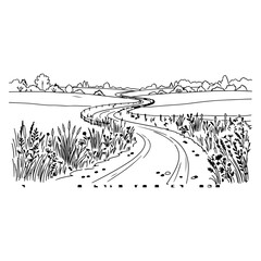 Fototapeta premium Curving rural road through grassy meadows with trees