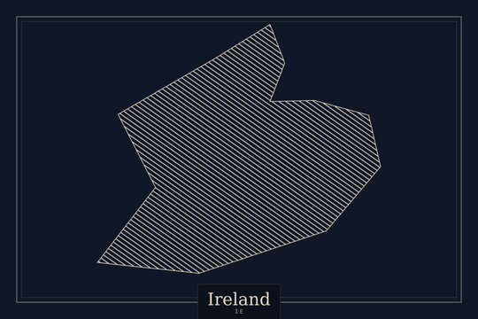Minimalist Ireland map vector with diagonal hatch lines, geometric Irish border silhouette, modern navy blue cartography graphic