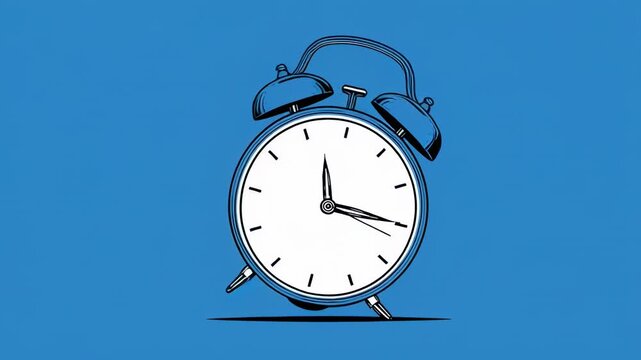 Retro alarm clock ticking against a vibrant blue background with subtle horizontal stripes during a time lapse