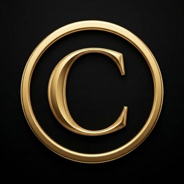 Gold letter C, golden alphabet monogram luxury, black background round ring frame. Serif capital initial emblem, metallic shine decor. Gold letter C elegant style