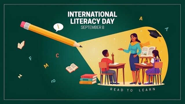 International literacy day illustration depicts a teacher with students at desks