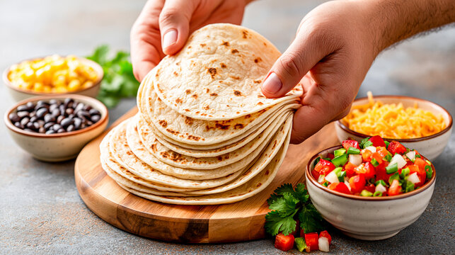 Close-Up of Small Tortillas Stacked With Ingredient Bowls