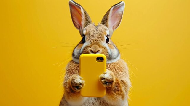 Cute brown rabbit standing and holding a yellow smartphone on a vibrant yellow background, perfect for technology concepts