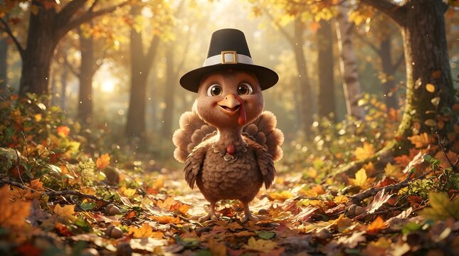 Cute cartoon turkey wearing a pilgrim hat standing in a beautiful autumn forest with golden sunlight and fallen leaves