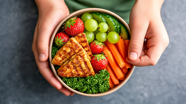 Flat Lay of Kids Lunchbox With Quesadilla and Fruit