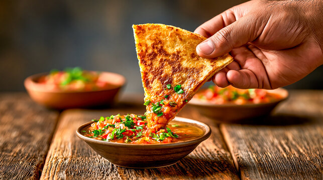 Hands Dipping Golden Quesadilla Into Savory Broth