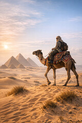 Fototapeta premium A traveler on a camel ride in the Sahara Desert at sunset, with a view of Egyptian pyramids.