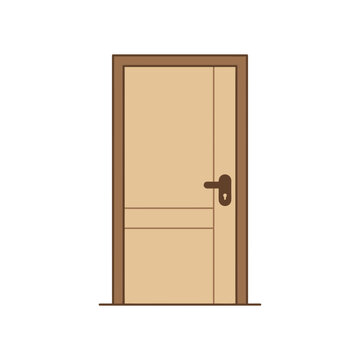 Wooden door vector icon illustration with handle and keyhole for interior design concept