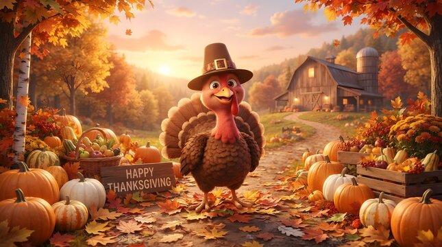Happy thanksgiving festive scene with a cute turkey in a pilgrim hat, pumpkins, and a rustic barn in an autumn landscape